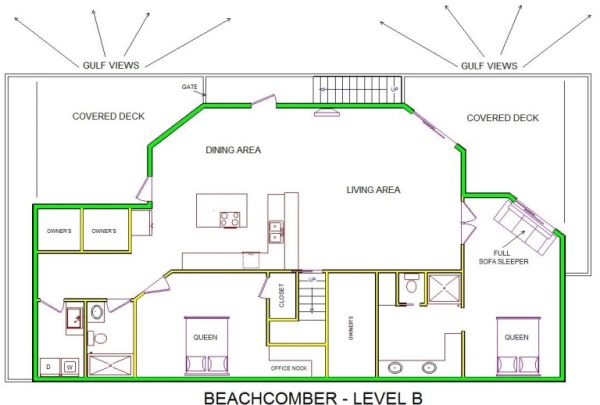 A level B layout view of Sand 'N Sea's beachfront house vacation rental in Jamaica Beach named Beachcomber 